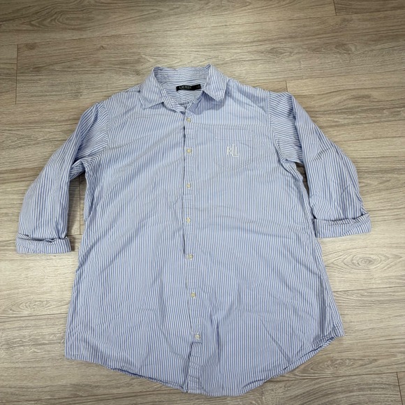 Lauren Ralph Lauren Tops - Lauren Ralph Lauren Blue White Striped Button Down Shirt Dress Embroidered Sz L